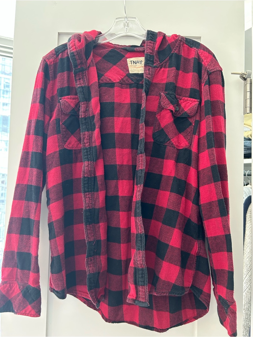 Aritzia Red and Black Buffalo Plaid Button-Down Hooded Shirt